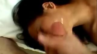 Busty asian girl sucks cock and gets