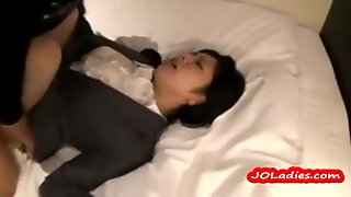 Asian Girl In Stockings Getting Her Hairy Pussy Fucked Facial On The Bed In The Roo